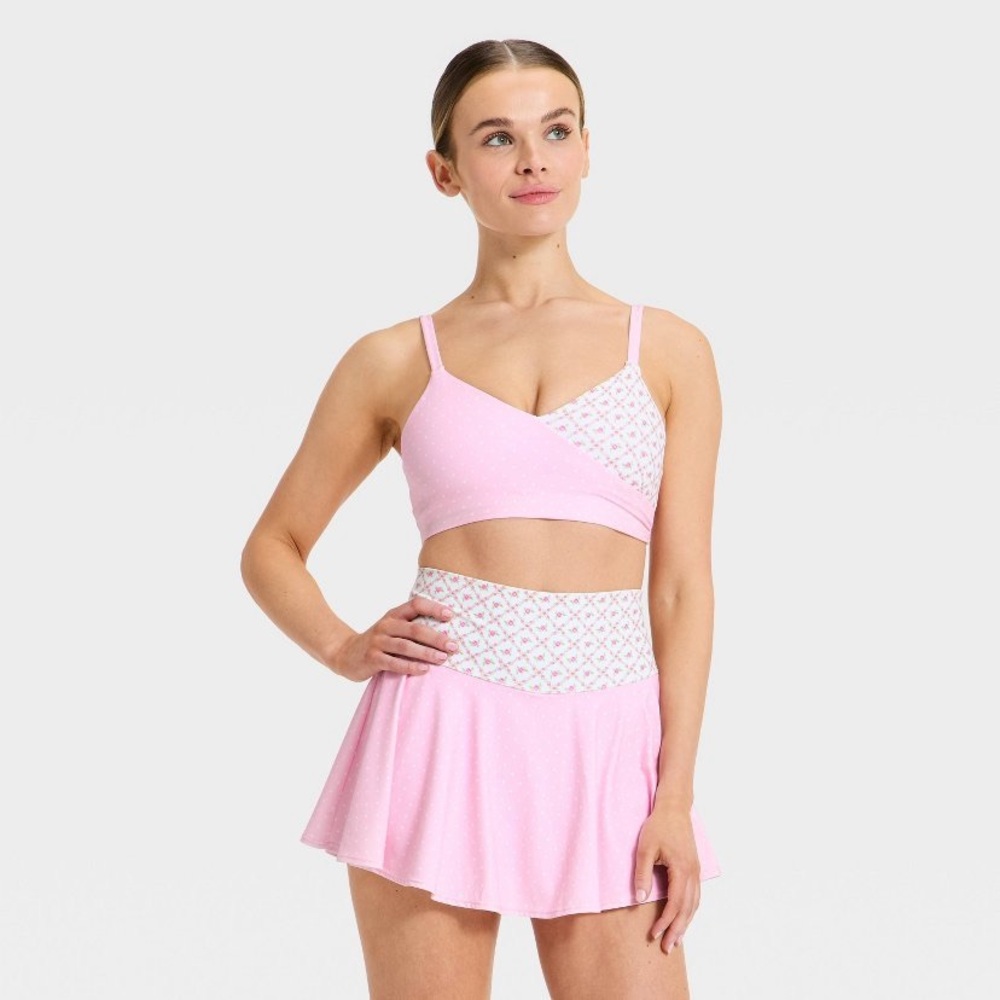 Women's Crossover Sports Bra - JoyLab Light Pink Polka Dot Floral L